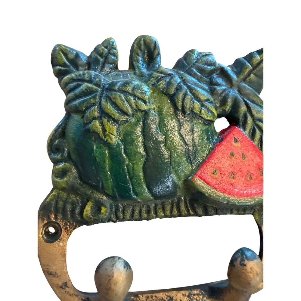 Cast Iron Watermelon Wall Hook Double Rack Rustic Fruit Decor Green Red Bronze